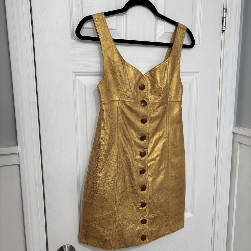 Free People Womens Goldie Metallic Leather Sweetheart Neckline Dress Size 2 Gold - Picture 2 of 10